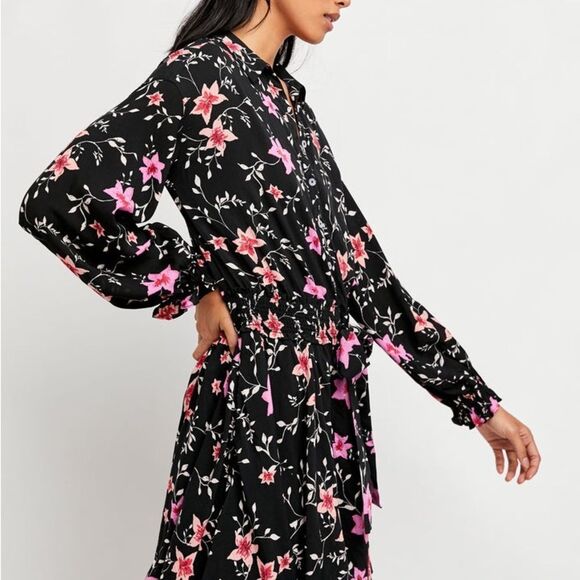 Free People Lighten Up Dress Floral on Black long sleeve with tie waist Sz XS - Picture 9 of 15
